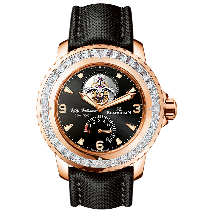 Blancpain 5025-6230-52A : Fifty Fathoms Tourbillon 8 Jours Red Gold / Diamonds / Black Canvas