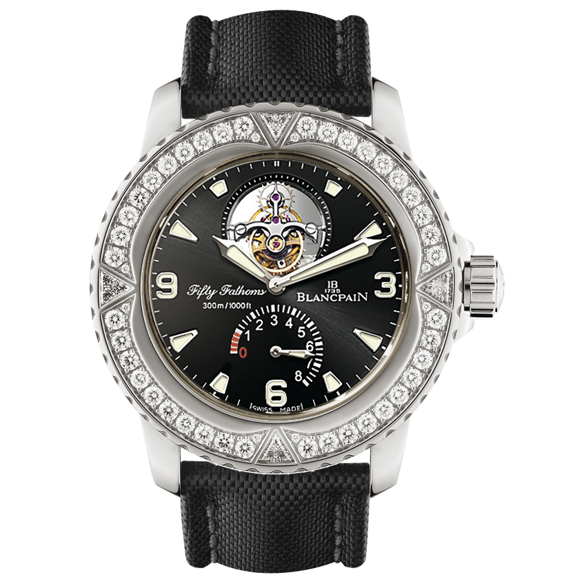 Blancpain 5025-9430-52A : Fifty Fathoms Tourbillon 8 Jours White Gold / Diamonds / Black Canvas