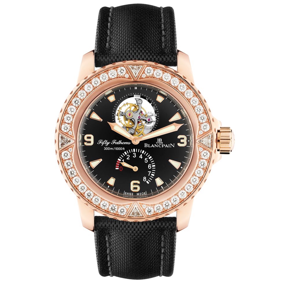 Blancpain 5025-9530-52A : Fifty Fathoms Tourbillon 8 Jours Red Gold / Diamonds / Black Canvas