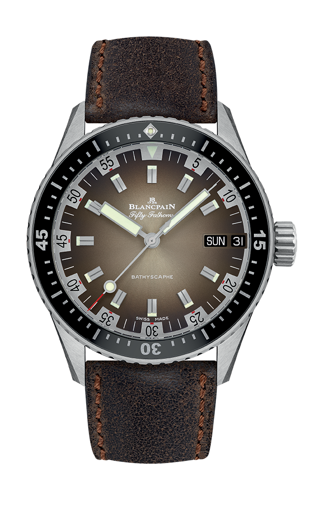 Blancpain 5052-1110-063A : Fifty Fathoms Bathygraphe Jour Date 70’ Stainless Steel / Brown / Darkbrown Calf