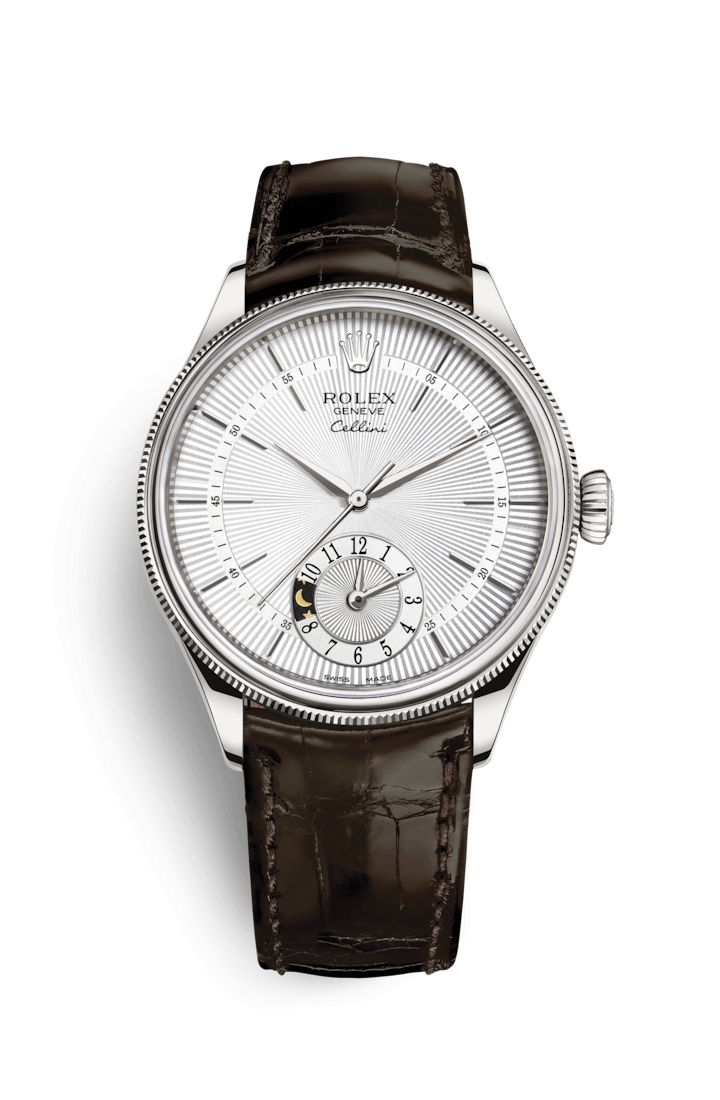 Rolex 50529-0009 : Cellini Dual Time White Gold / Silver / Alligator Brown