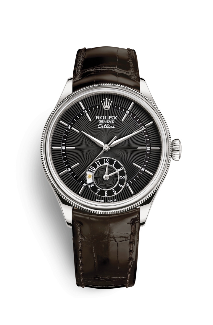 Rolex 50529-0010 : Cellini Dual Time White Gold / Black / Alligator Brown