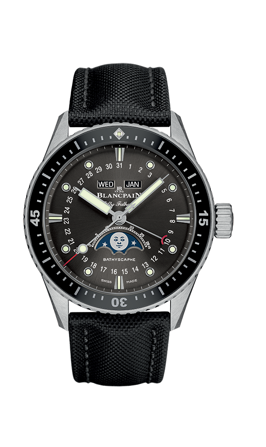 Blancpain 5054-1110-B52A : Fifty Fathoms Bathygraphe Quantième Complet Black / Grey / Black Canvas