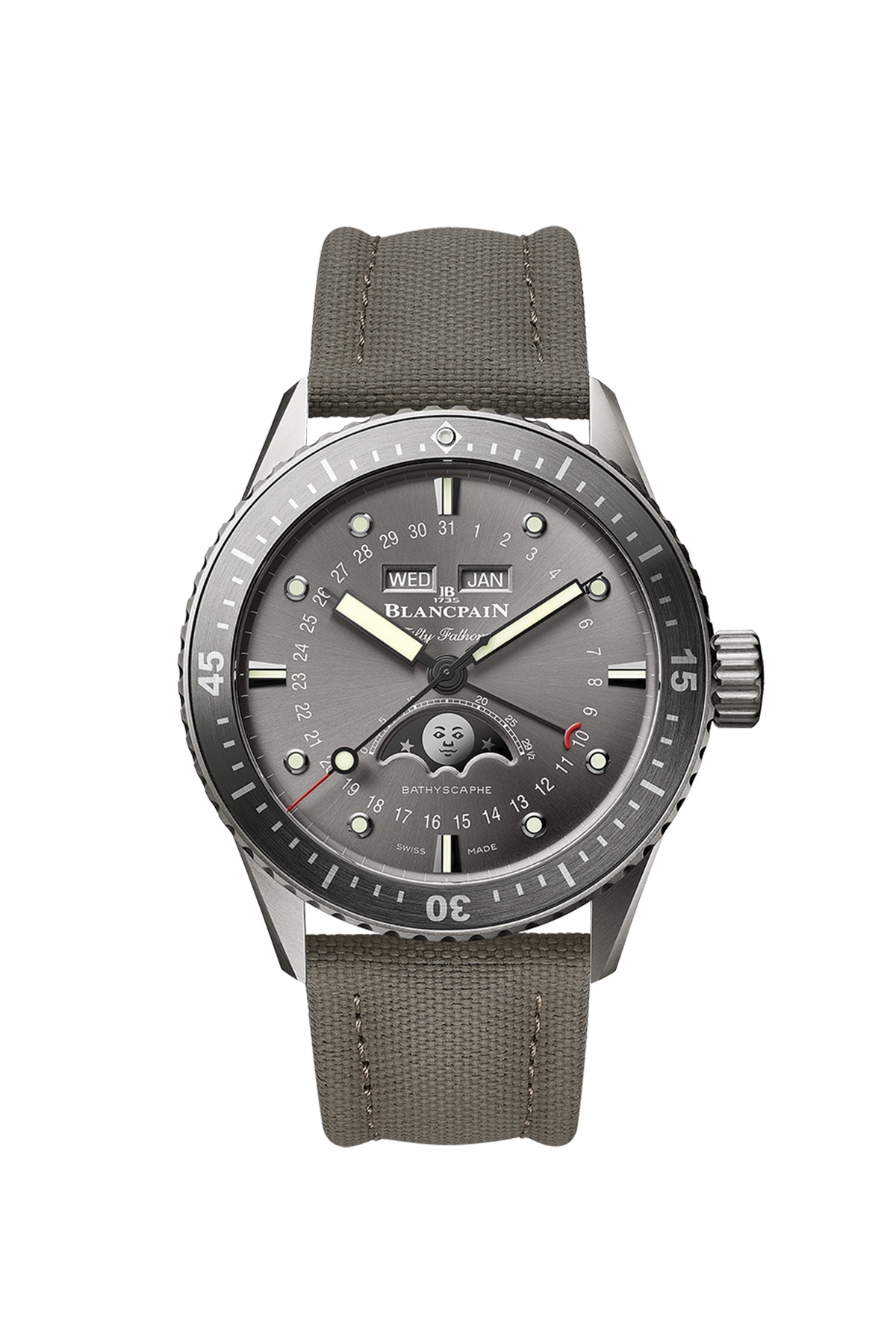 Blancpain 5054-1210-G52A : Fifty Fathoms Bathygraphe Quantième Complet Titanium / Grey / Canvas