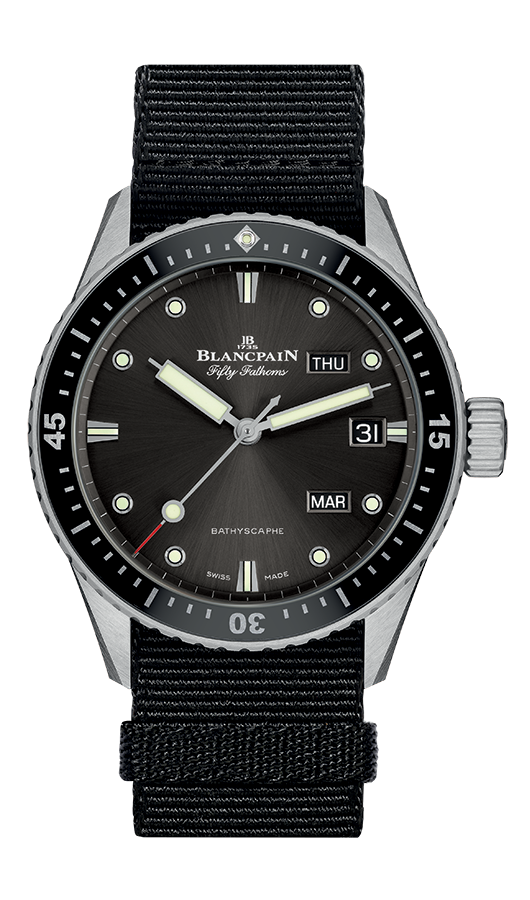 Blancpain 5071-1110-NABA : Fifty Fathoms Bathygraphe Quantième Annuel Black / Grey / Black NATO
