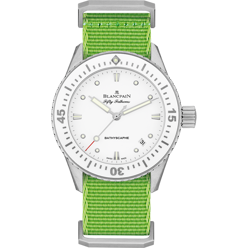 Blancpain 5100-1127-NAH : Fifty Fathoms Bathyscaphe Stainless Steel / White / Green Nato