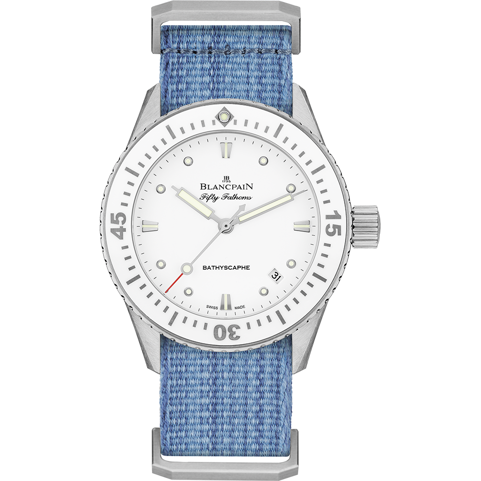 Blancpain 5100-1127-NAJ : Fifty Fathoms Bathyscaphe Stainless Steel / White / Jeans Nato