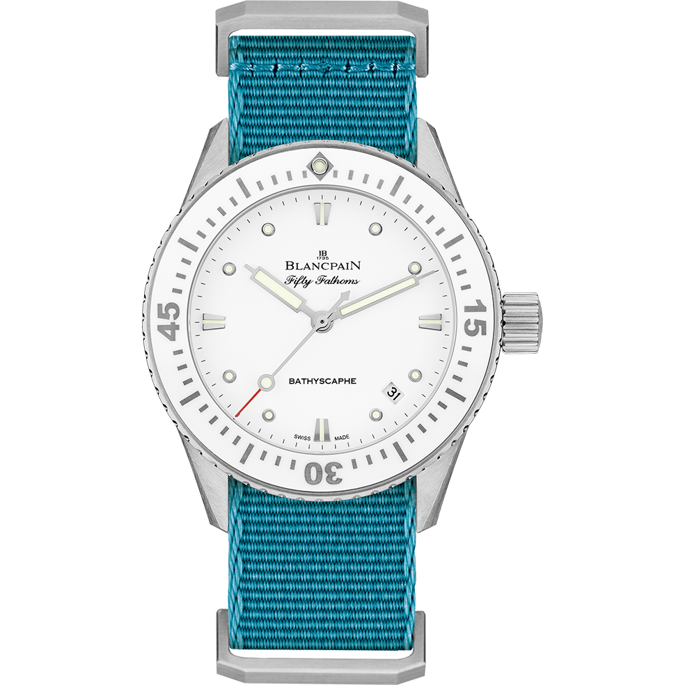 Blancpain 5100-1127-NAT : Fifty Fathoms Bathyscaphe Stainless Steel / White / Baby Blue Nato
