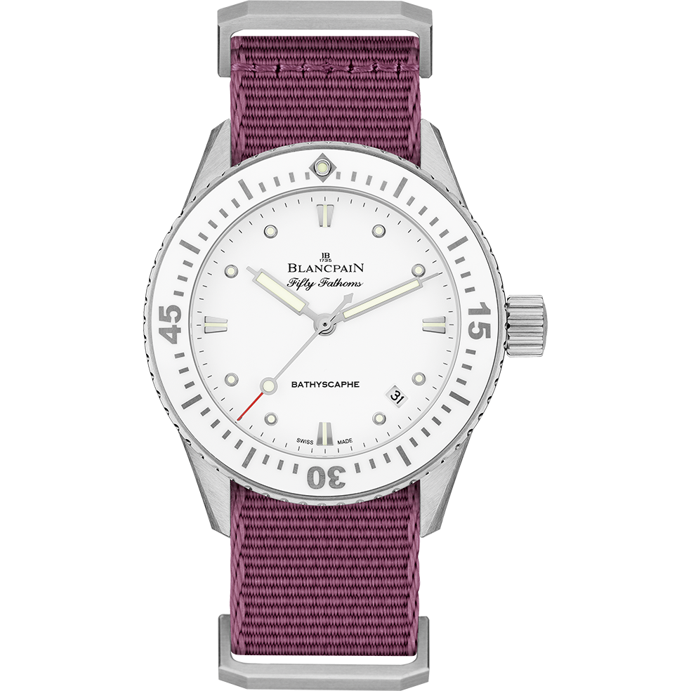 Blancpain 5100-1127-NAV : Fifty Fathoms Bathyscaphe Stainless Steel / White / Bordeaux Nato
