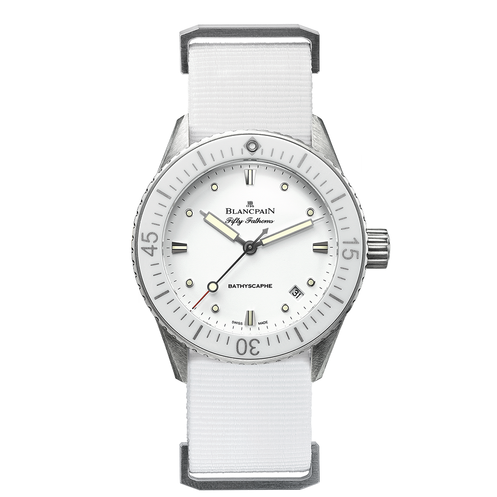 Blancpain 5100-1127-NAWA : Fifty Fathoms Bathyscaphe Stainless Steel / White / White Nato