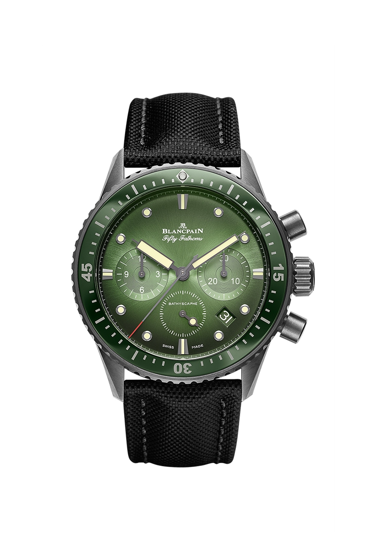 Blancpain 5200-0153-B52A : Fifty Fathoms Bathyscaphe Flyback Chronograph Black Ceramic / Green / Canvas