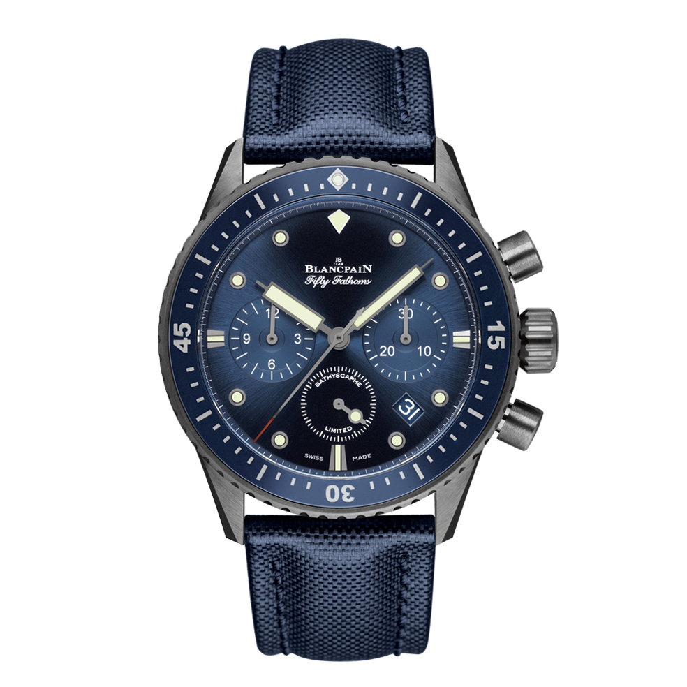 Blancpain 5200-0240-52A : Fifty Fathoms Bathyscaphe Flyback Chronograph Grey Ceramic / Blue / Blue Canvas