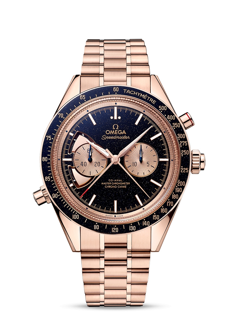 Omega 522.50.45.52.03.001 : Speedmaster Chrono Chime Co-Axial Master Chronometer Chronograph Sedna Gold / Aventurine
