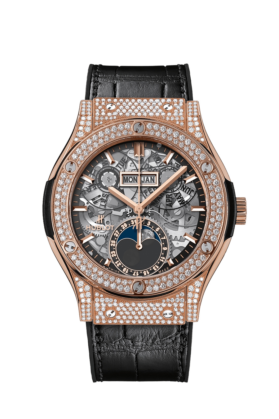 Hublot 547.OX.0180.LR.1704 : Classic Fusion Aerofusion Moonphase King Gold - Pavé / Alligator