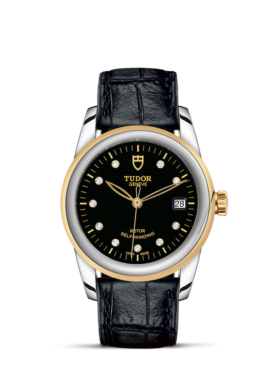 Tudor 55003-0037 : Glamour Date 36 Stainless Steel / Yellow Gold / Black-Diamond / Strap