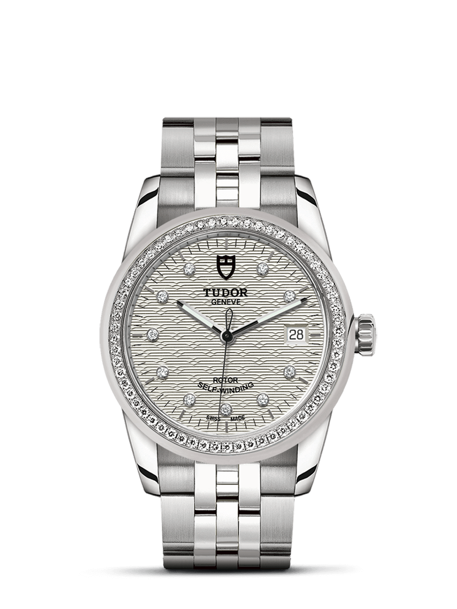 Tudor 55020-0001 : Glamour Date 36 Stainless Steel / Diamond / Jacquard Silver-Diamond / Bracelet