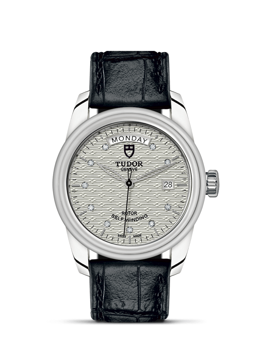 Tudor 56000-0038 : Glamour Day + Date Stainless Steel / Jacquard Silver-Diamond / Strap