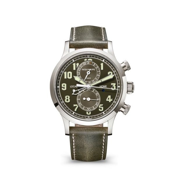 Patek Philippe 5924G-010 : Calatrava Pilot Travel Time Chronograph White Gold / Green