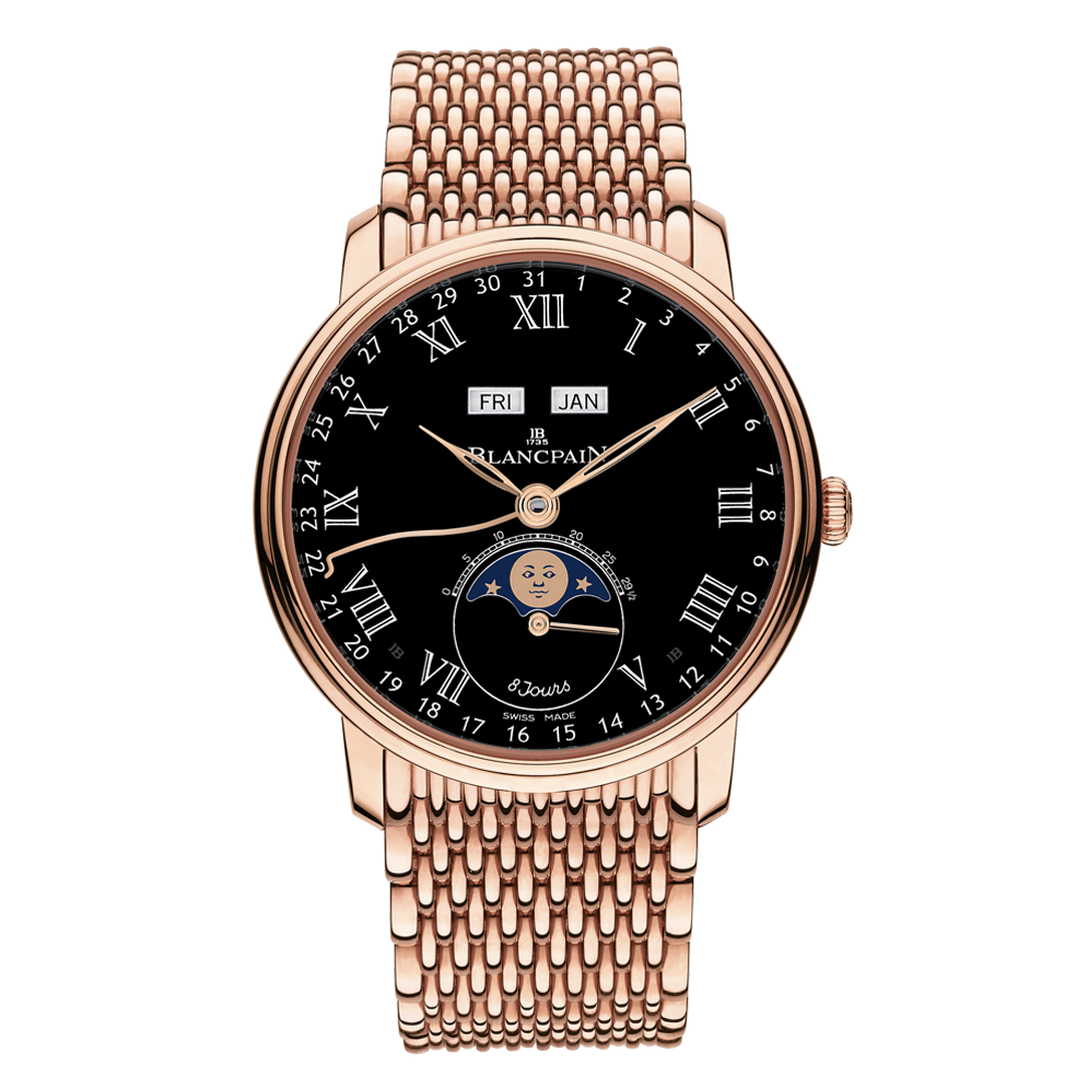 Blancpain 6639-3637-MMB : Villeret Quantieme Complet 8 Jours Red Gold / Black Enamel / Bracelet