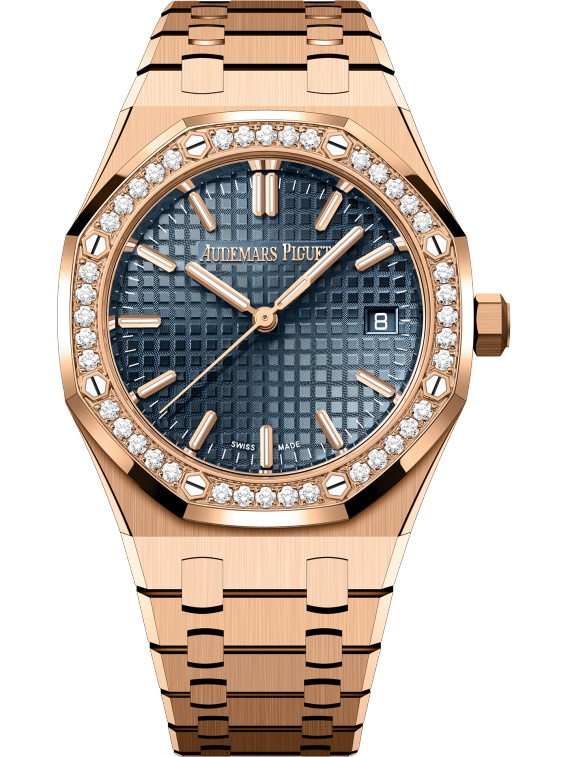 Audemars Piguet 77451OR.ZZ.1361OR.04 : Royal Oak Selfwinding 34 Pink Gold - Diamond / Blue / Bracelet
