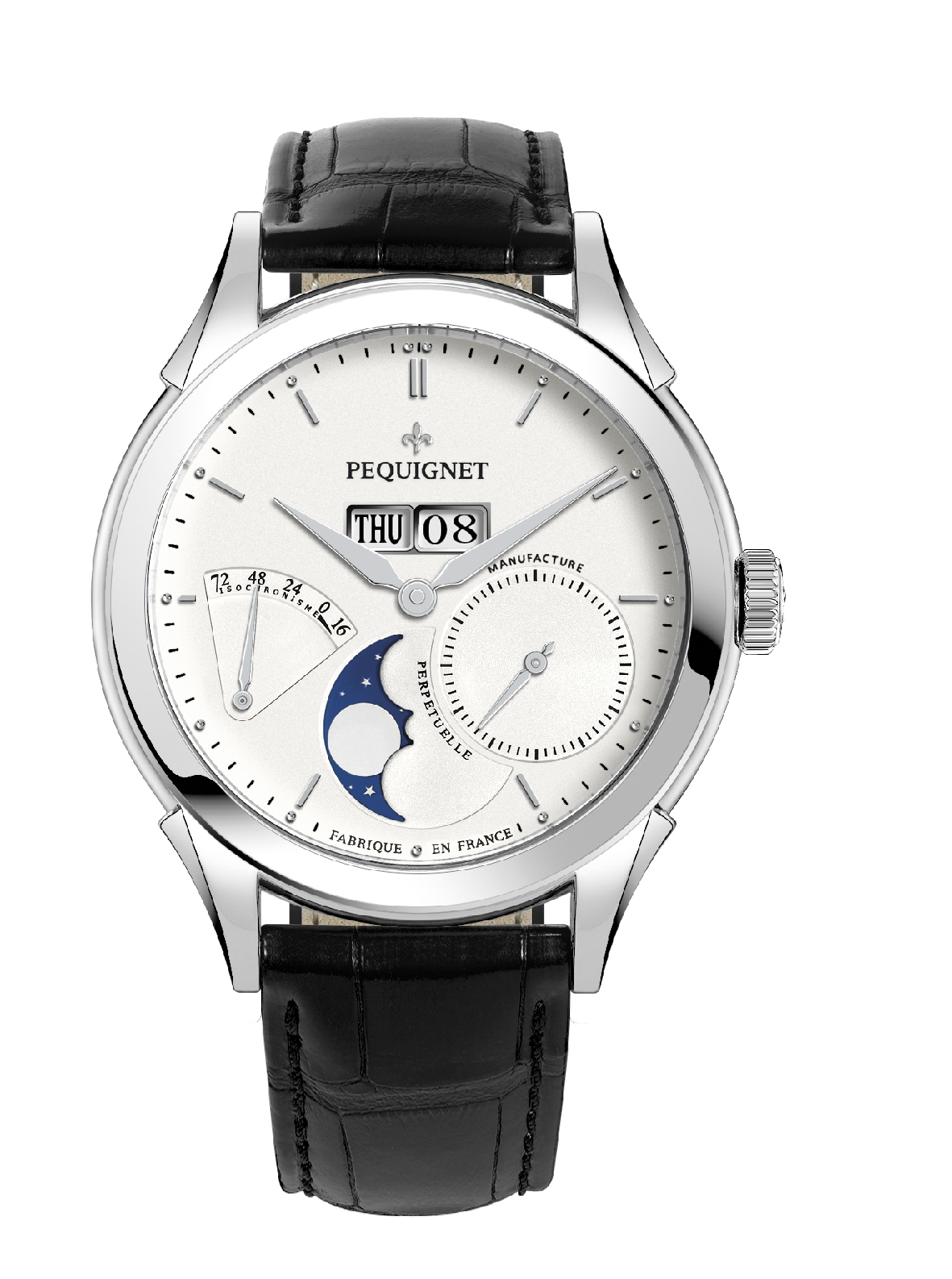 Pequignet 9010433CN : Rue Royale Moonphase Stainless Steel / Silver / Black Alligator