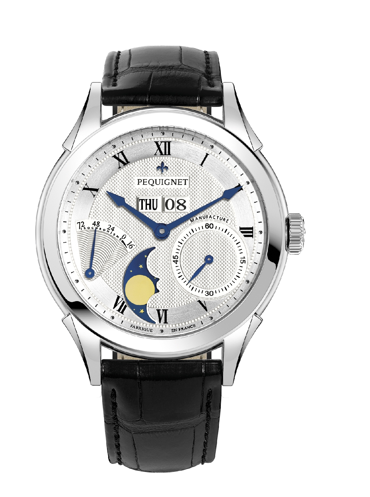 Pequignet 9010437CN : Rue Royale Moonphase Stainless Steel / Silver Guilloche / Black Alligator