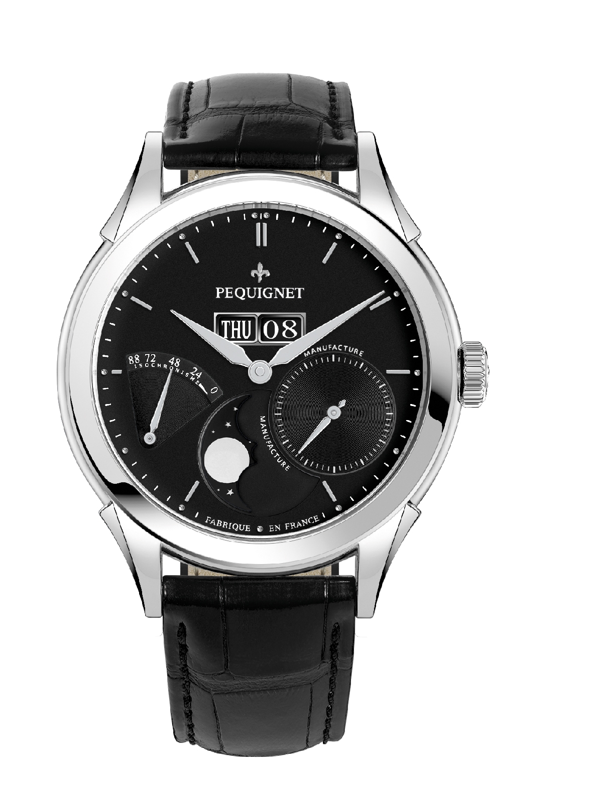 Pequignet 9010443CN : Rue Royale Moonphase Stainless Steel / Black / Black Alligator
