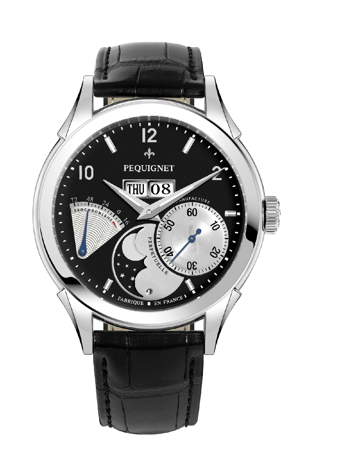 Pequignet 9010543CN : Rue Royale Moonphase Stainless Steel / Black Panda / Black Alligator