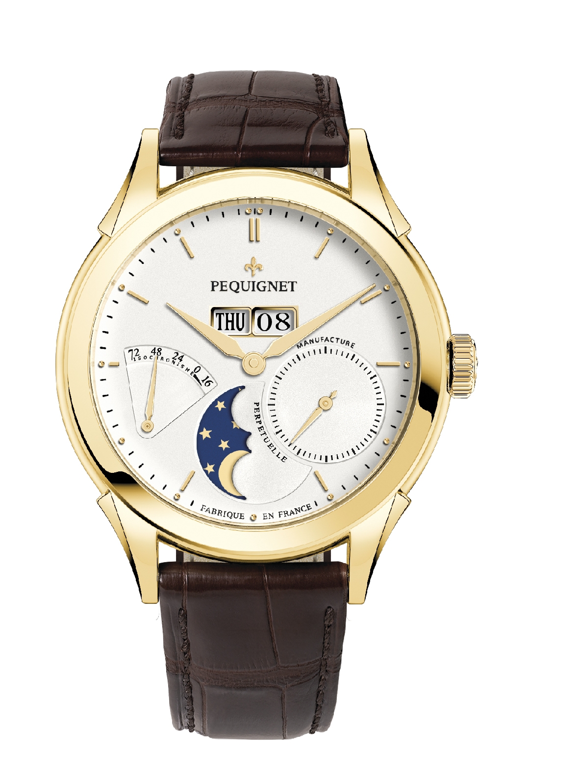 Pequignet 9011438CG : Rue Royale Moonphase Yellow Gold / Silver / Brown Alligator