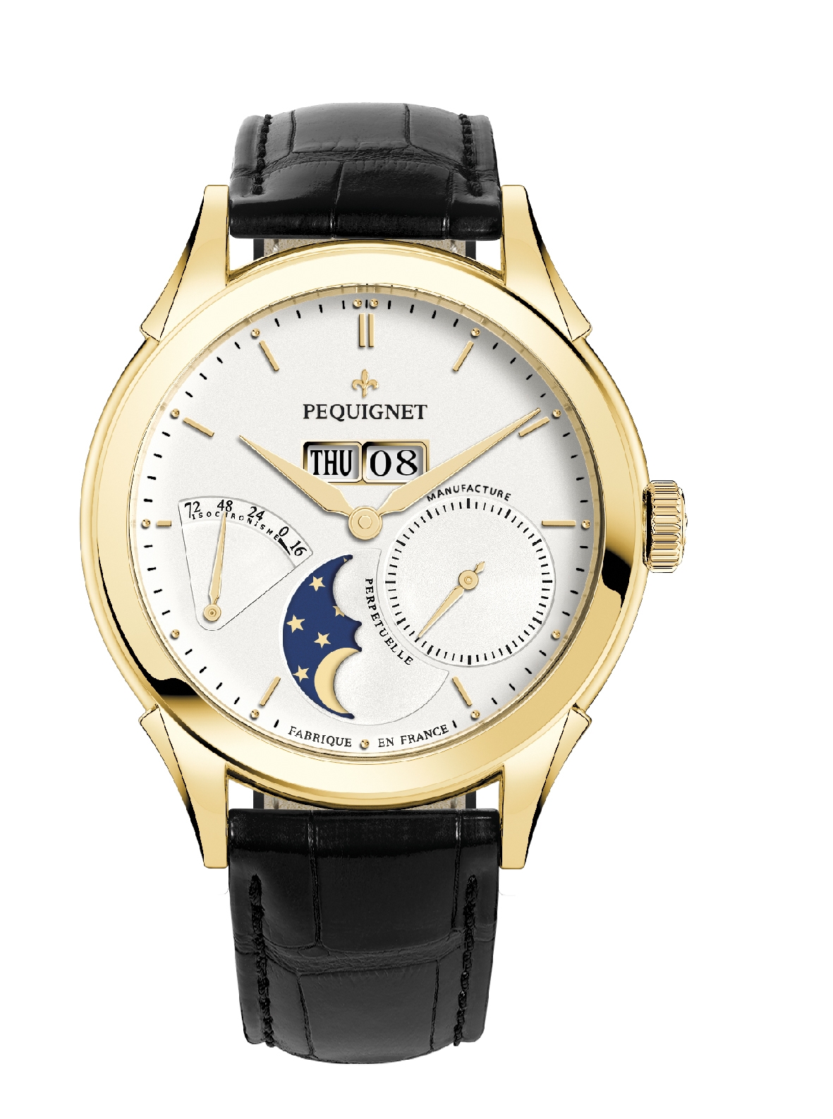 Pequignet 9011438CN : Rue Royale Moonphase Yellow Gold / Silver / Black Alligator
