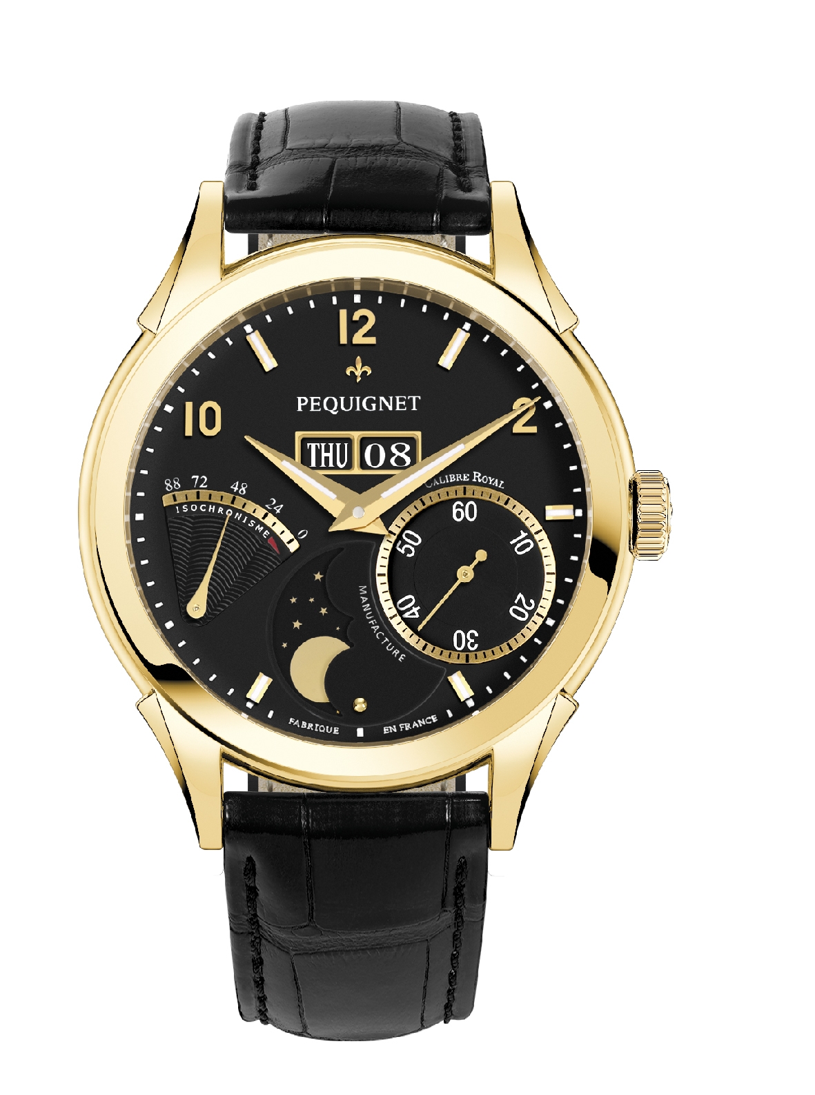 Pequignet 9011448CN : Rue Royale Moonphase Yellow Gold / Black / Black Alligator