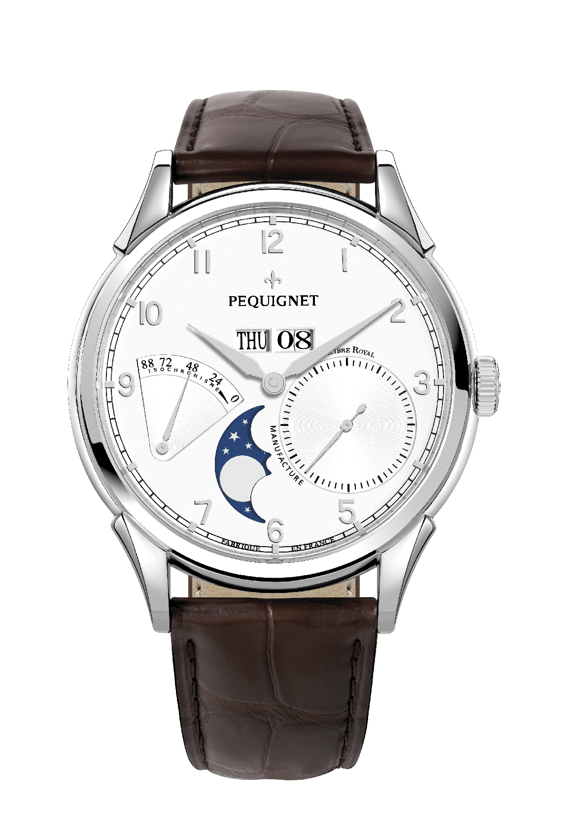 Pequignet 9030433CG : Royale Grand Sport Moonphase Silver Numerals / Brown Strap