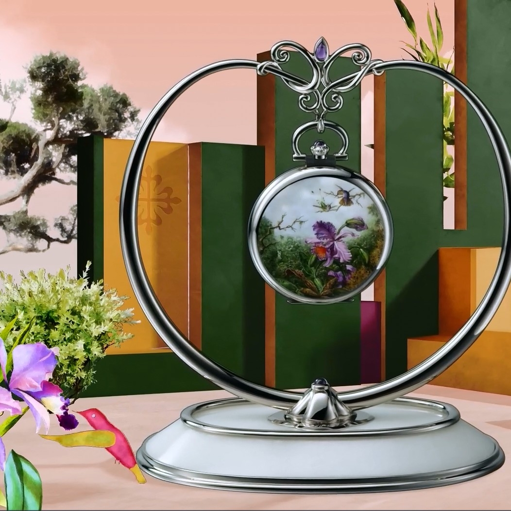 Patek Philippe 992/144G : Pocket Watch Lepine White Gold / Orchids & Hummingbirds