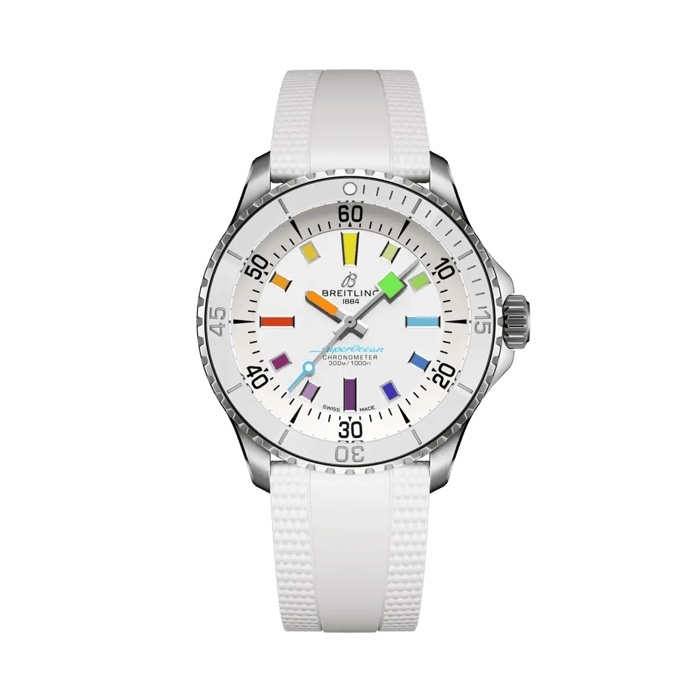 Breitling A17375A61A1S1 : SuperOcean Automatic 42 Stainless Steel / White - Rainbow / Rubber