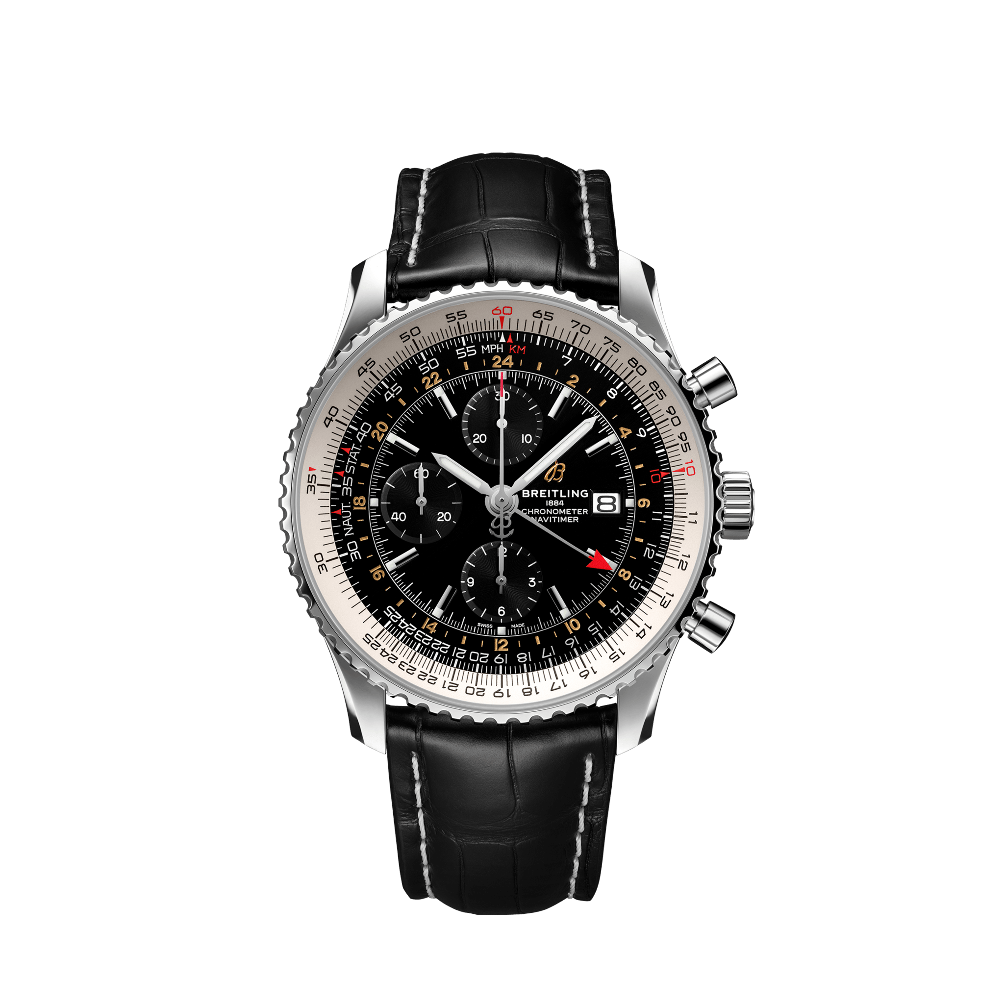 Breitling A24322121B2P1 : Navitimer 1 Chronograph GMT Stainless Steel / Black / Croco / Pin