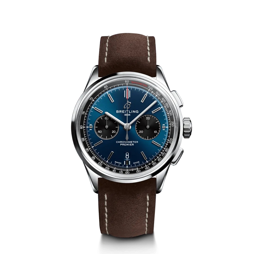 Breitling AB0118221C1X1 : Premier B01 Chronograph 42 Stainless Steel / Blue / Brown Nubuck / Folding