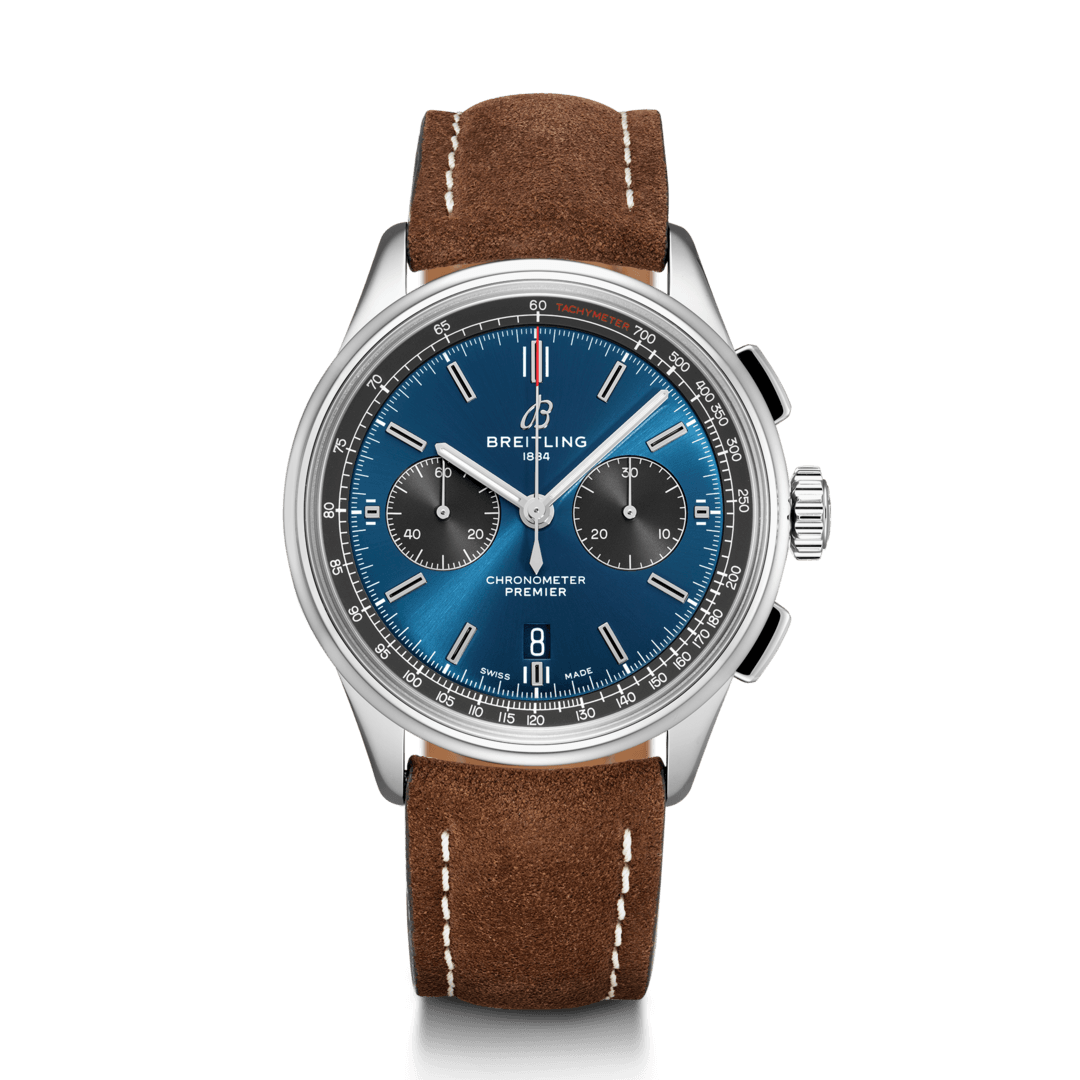 Breitling AB0118A61C1X1 : Premier B01 Chronograph 42 Stainless Steel / Blue / Brown Nubuck / Folding