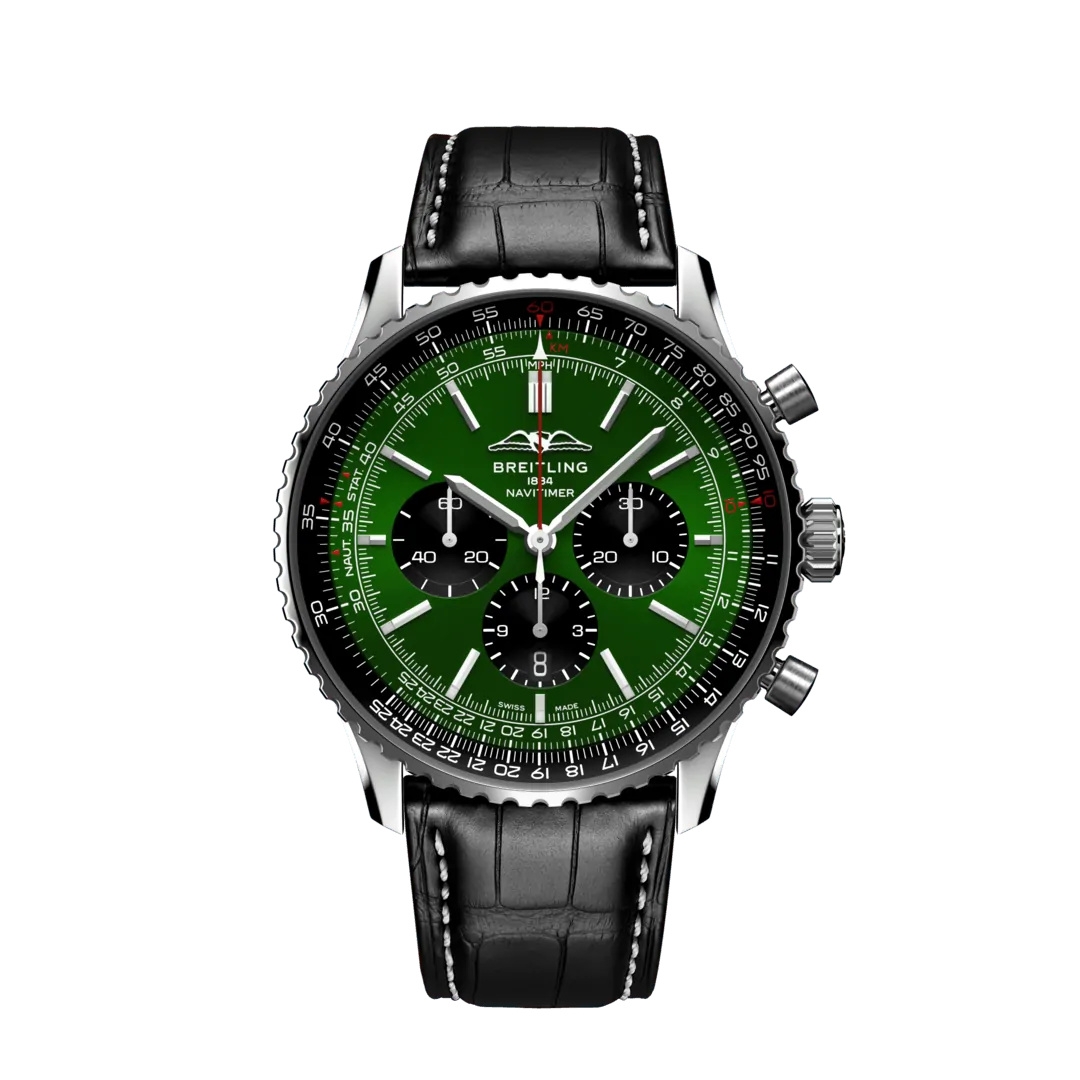 Breitling AB0137241L1P1 : Navitimer B01 Chronograph 46 Stainless Steel / Green / Alligator - Folding