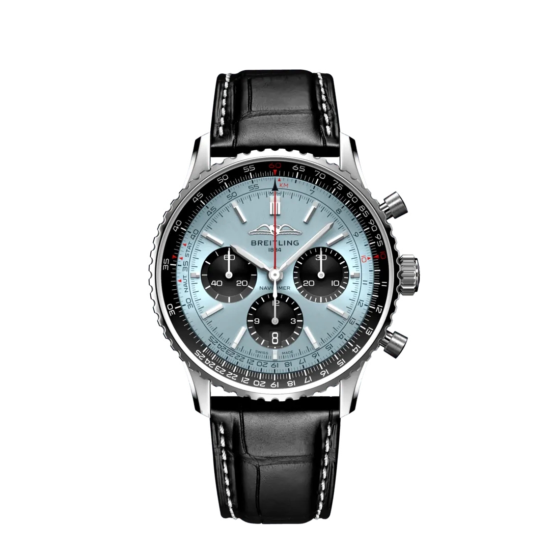 Breitling AB0138241C1P1 : Navitimer  B01 Chronograph 43 Stainless Steel / Ice Blue / Alligator - Folding
