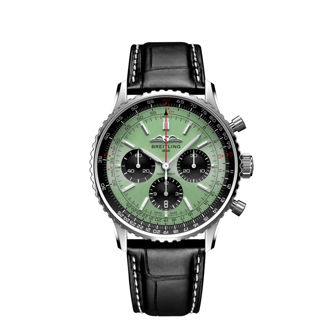 Breitling AB0138241L1P1 : Navitimer  B01 Chronograph 43 Stainless Steel / Mint Green / Alligator - Folding