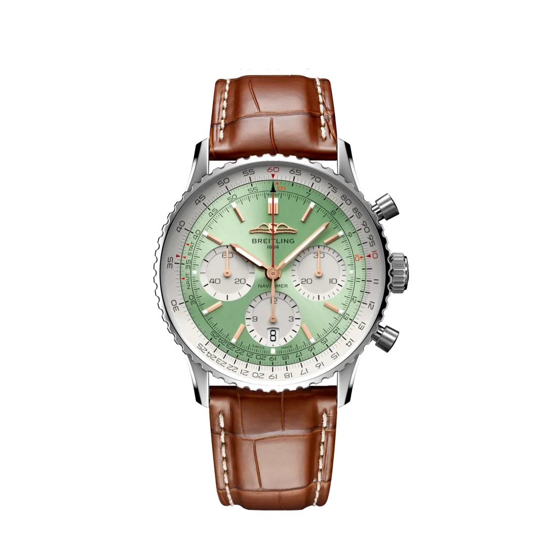 Breitling AB0139211L1P1 : Navitimer B01 Chronograph 41 Stainless Steel / Mint Green / Alligator - Folding