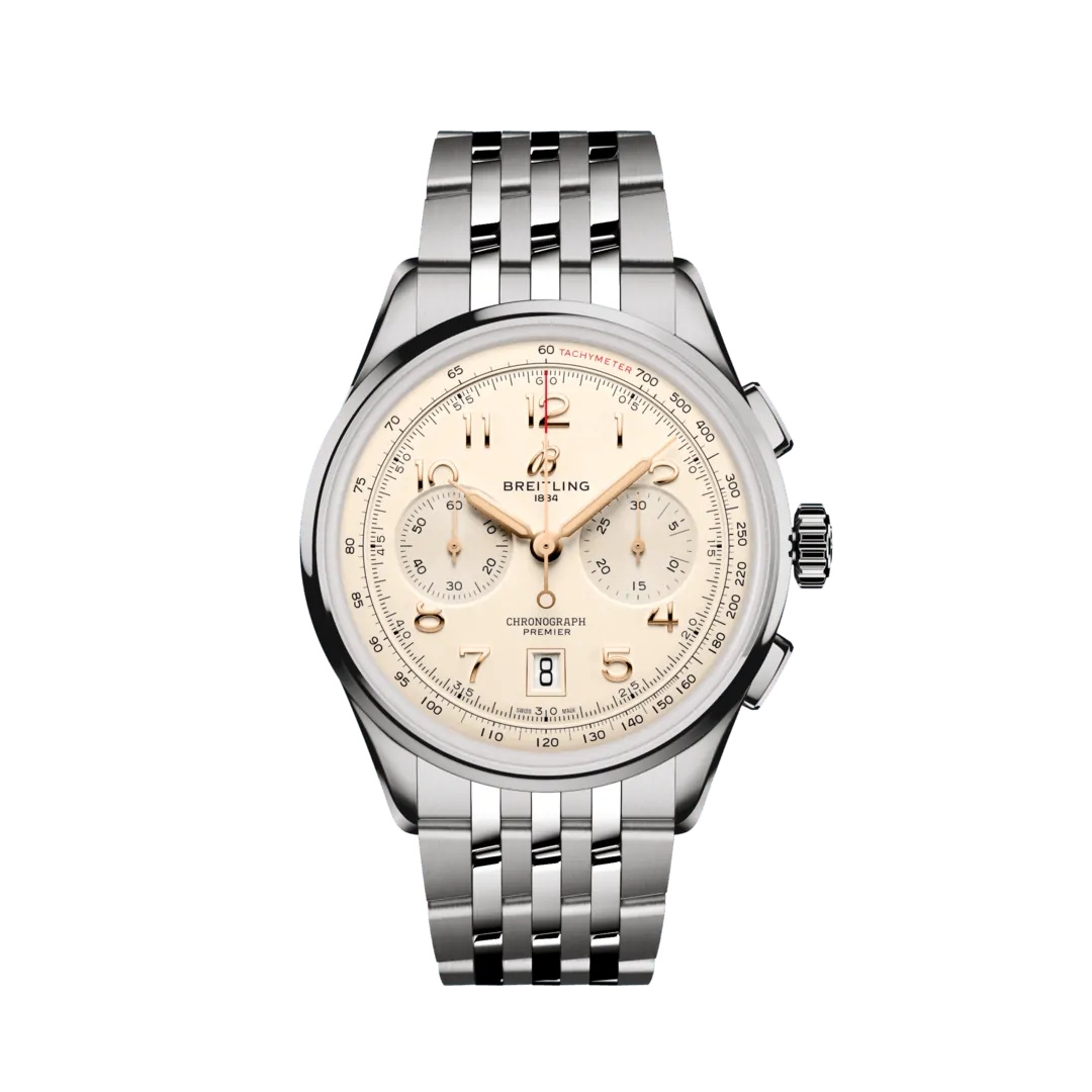 Breitling AB0145211G1A1 : Premier B01 Chronograph 42 Stainless Steel / Cream / Bracelet