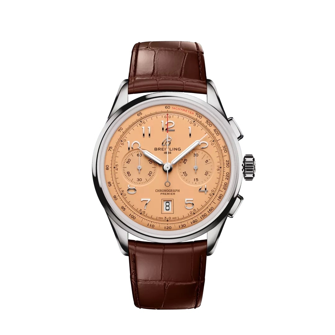 Breitling AB0145331K1P2 : Premier B01 Chronograph 42 Stainless Steel / Pink / Alligator - Matte