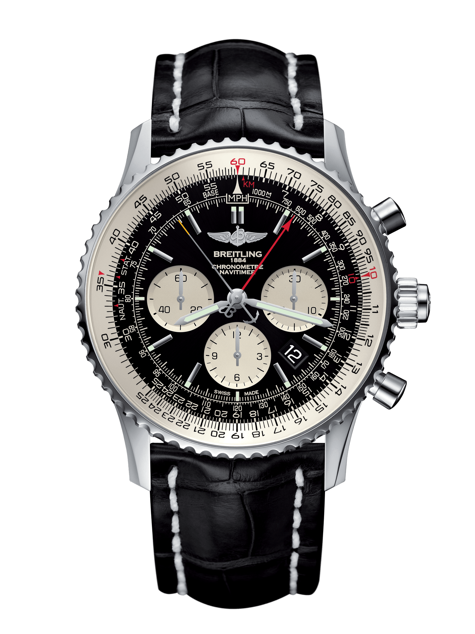 Breitling AB031021/BF77/761P/A20D.1 : Navitimer Rattrapante Stainless Steel / Black  / Croco / Folding