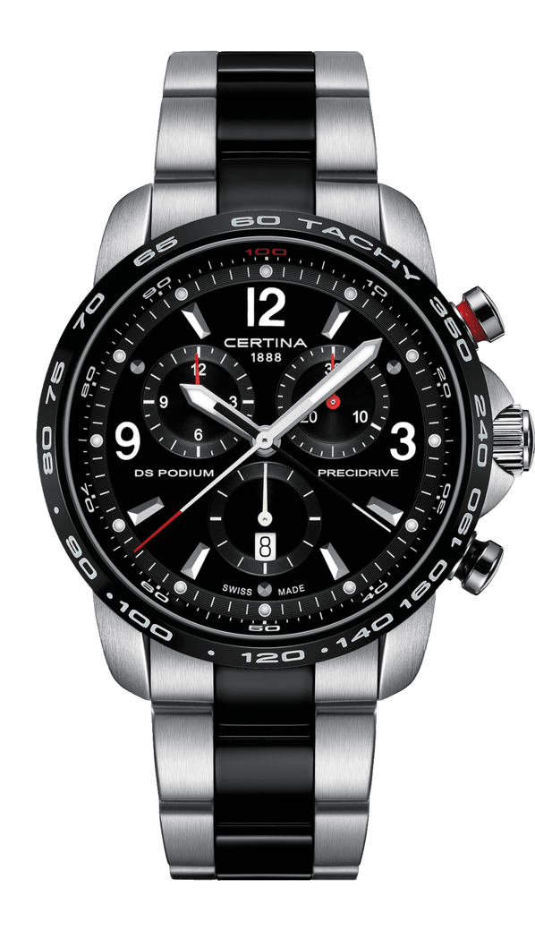 Certina C001.647.22.057.00 : DS Podium Big Size Chrono 1/100 Sec Stainless Steel / PVD / Black / Bracelet