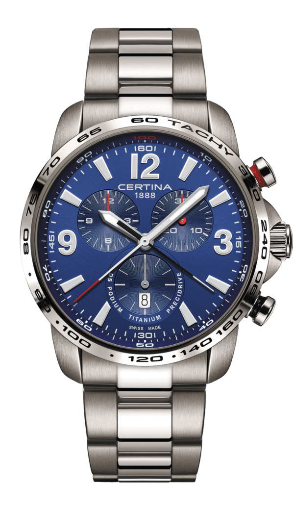 Certina C001.647.44.047.00 : DS Podium Big Size Chrono 1/100 Sec Titanium / Blue