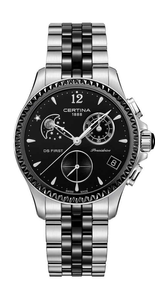 Certina C030.250.11.056.00 : Ds First Lady Chronograph Moon Phase Stainless Steel - Ceramic / Black / Bracelet