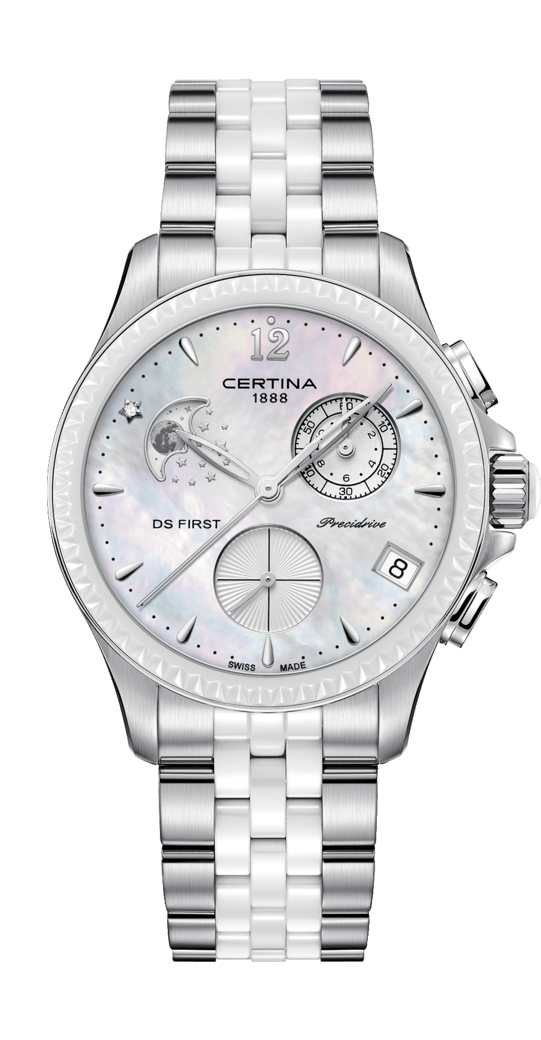 Certina C030.250.11.106.00 : Ds First Lady Chronograph Moon Phase Stainless Steel - Ceramic / MOP / Bracelet