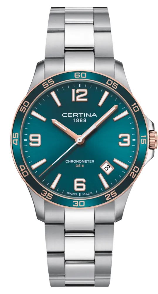 Certina C033.851.21.097.00 : DS-8 Chronometer 41.5 Stainless Steel - Rose Gold / Green / Bracelet