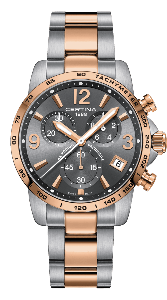 Certina C034.417.22.087.00 : DS Podium Chronograph 1/10 Sec Stainless Steel / Rose Gold PVD / Grey / Bracelet